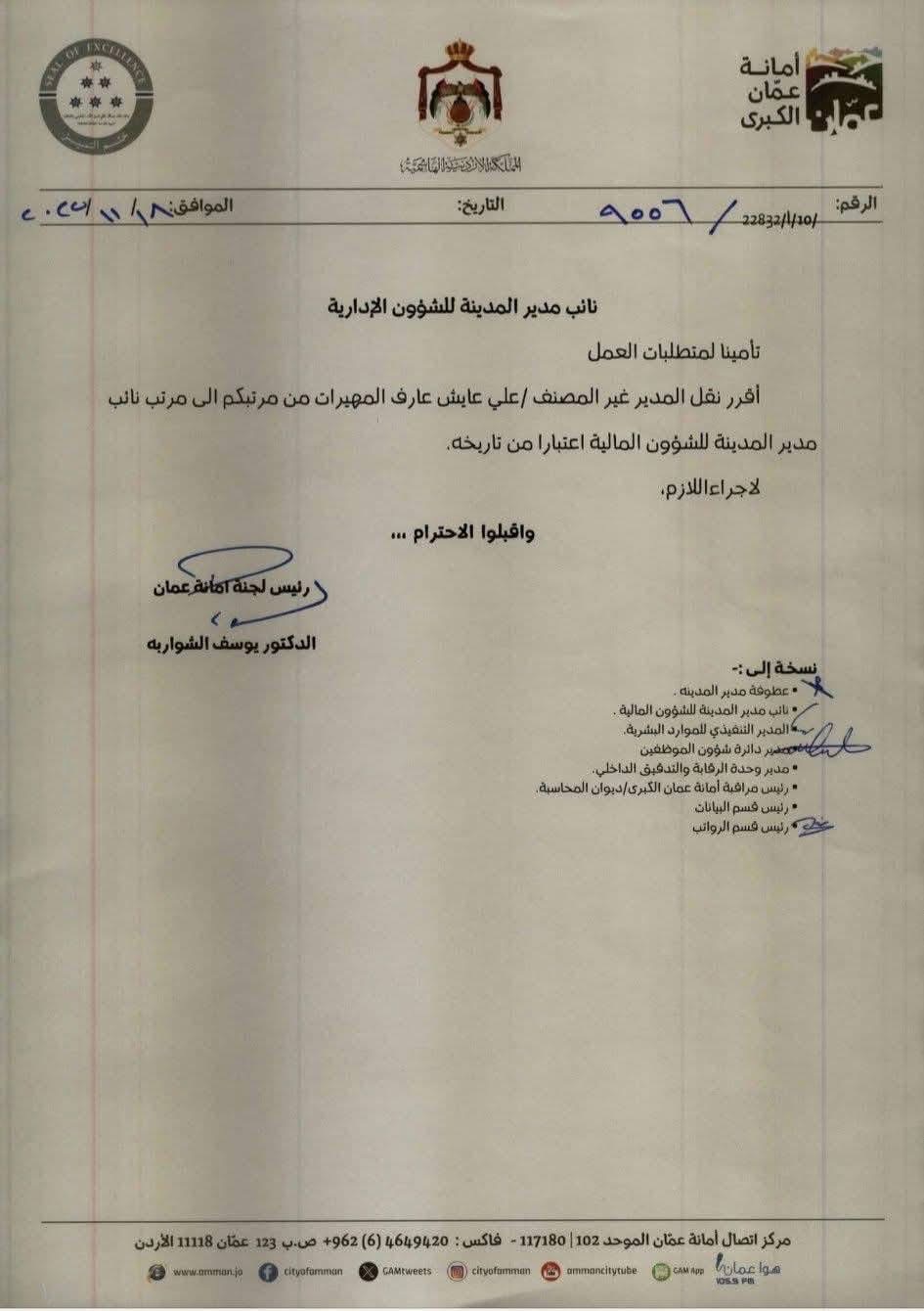 تنقلات تشمل رؤساء أقسام في أمانة عمان الكبرى (أسماء)