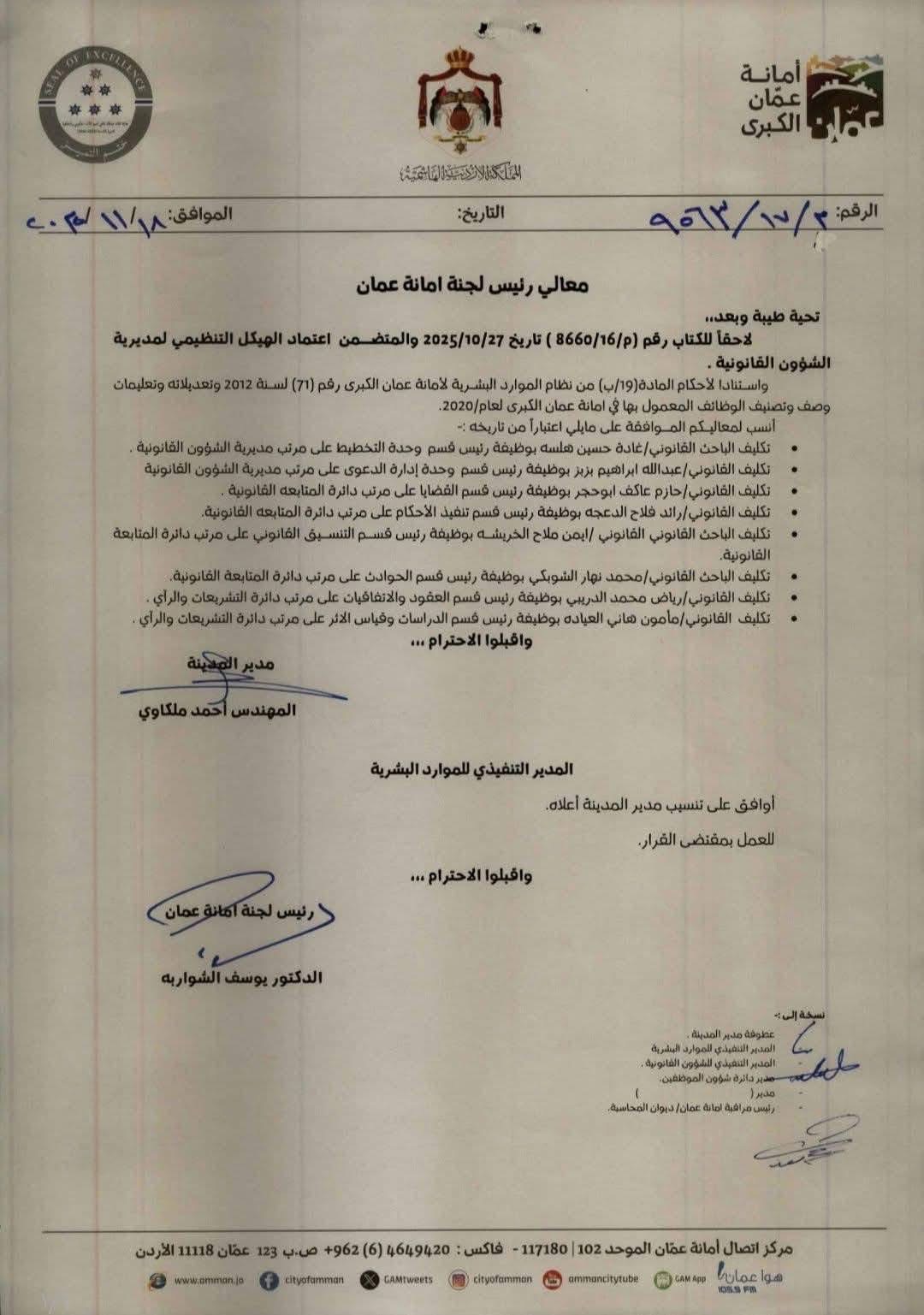 تنقلات تشمل رؤساء أقسام في أمانة عمان الكبرى (أسماء)