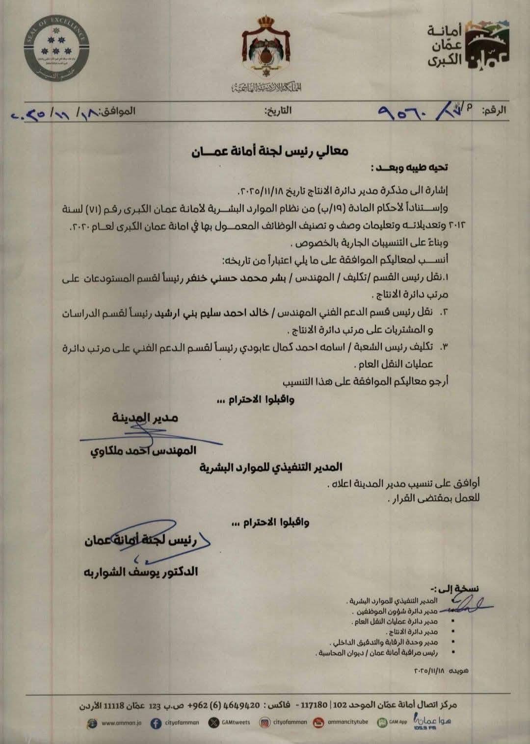 تنقلات تشمل رؤساء أقسام في أمانة عمان الكبرى (أسماء)