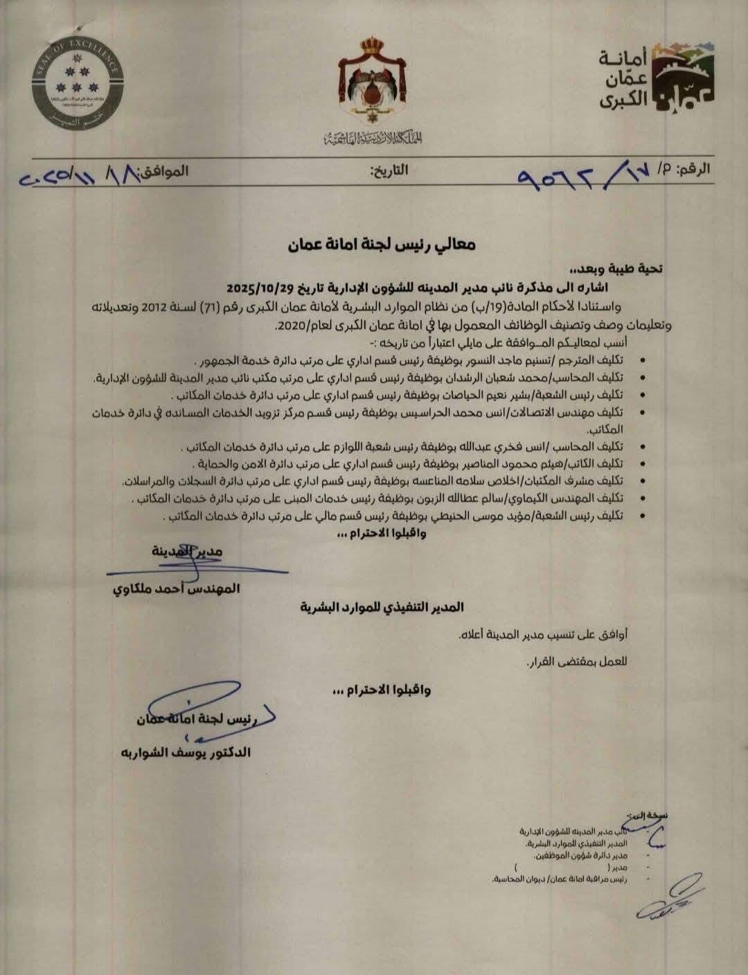 تنقلات تشمل رؤساء أقسام في أمانة عمان الكبرى (أسماء)