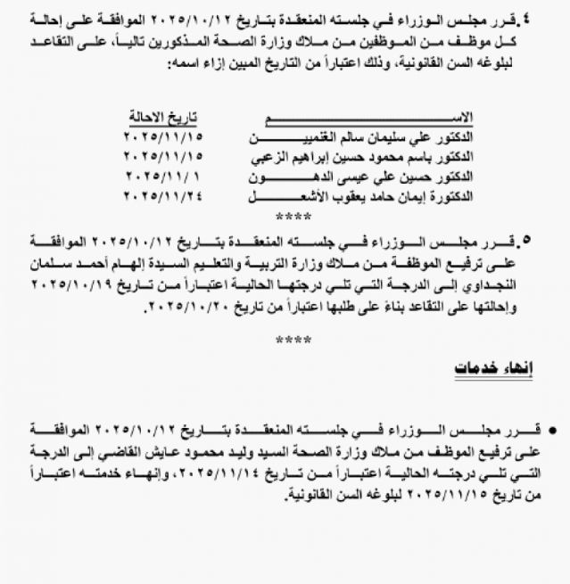 بالأسماء...إحالة عدد من موظفي الوزارات والدوائر الحكومية إلى التقاعد