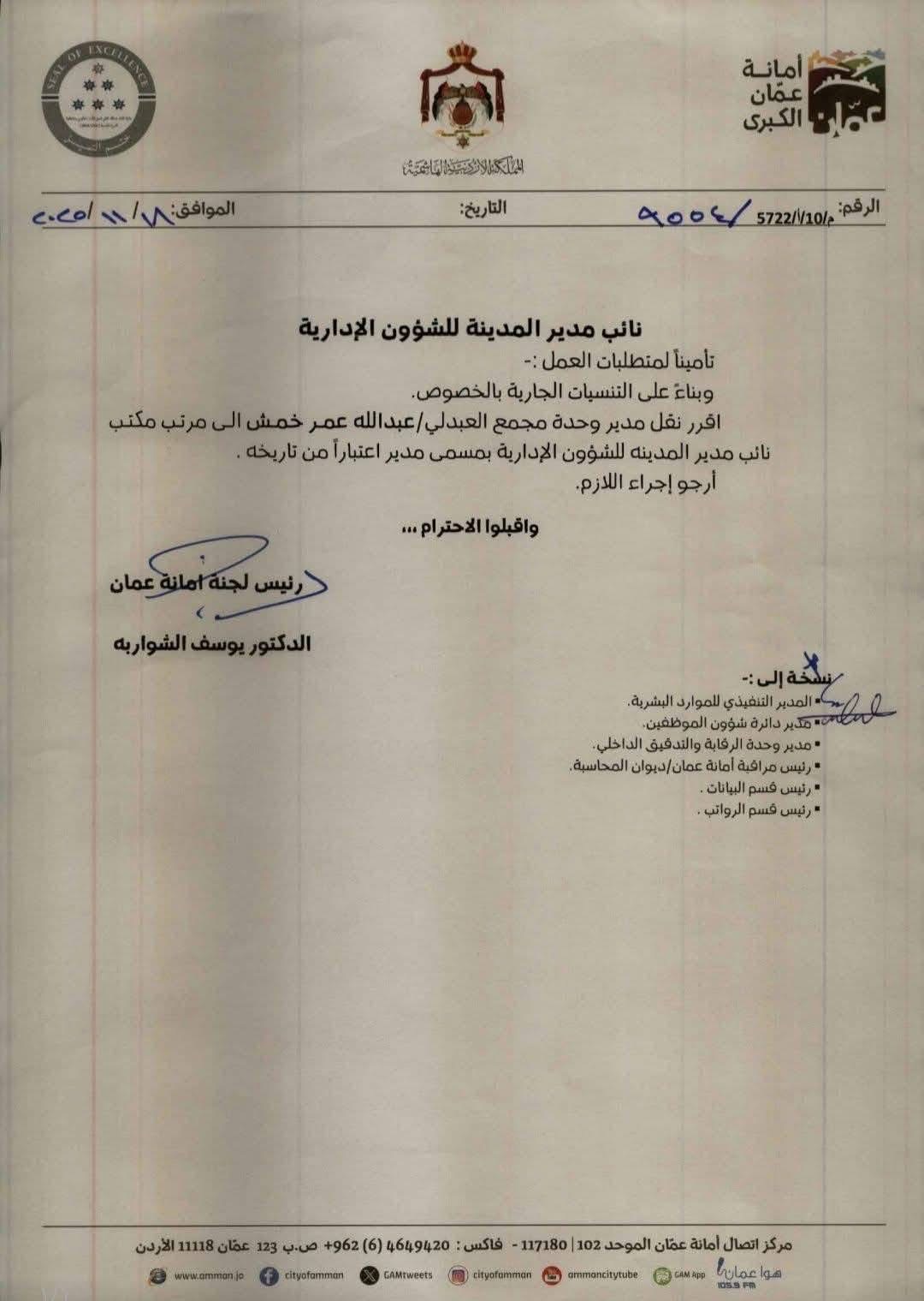 تنقلات تشمل رؤساء أقسام في أمانة عمان الكبرى (أسماء)