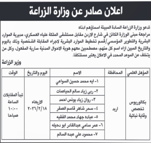 بالأسماء .. وزارة الزراعة تدعو مرشحين لإجراء المقابلات الشخصية