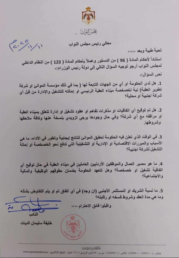 نائب يسأل جعفر حسان : هل تريدون خصخصة العقبة ؟