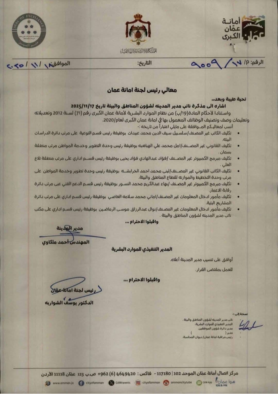 تنقلات تشمل رؤساء أقسام في أمانة عمان الكبرى (أسماء)