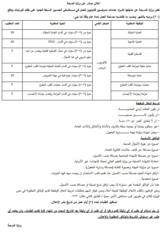 الصحة الأردنية تعلن حاجتها لشراء خدمات ممرضين - تفاصيل